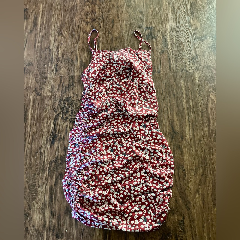 Floral red and white dress with adjustable ties